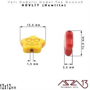 12x12 mm - Gülen Yüz İfadeli Yıldız - Düz Yüzey - Hovlit (Howlite) Boncuk / 3 Adet