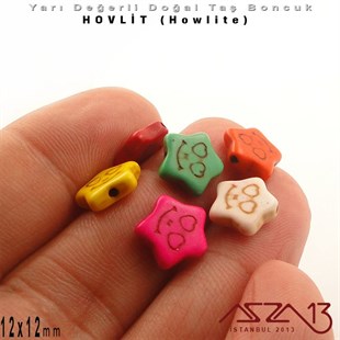12x12 mm - Gülen Yüz İfadeli Yıldız - Düz Yüzey - Hovlit (Howlite) Boncuk / 3 Adet