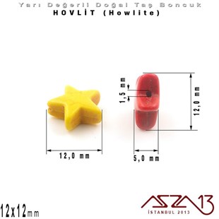 12x12 mm - Yıldız - Düz Yüzey - Hovlit (Howlite) Boncuk / 3 Adet