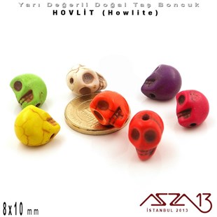 8x10 mm - Kurukafa - Düz Yüzey - Hovlit (Howlite) Boncuk / 3 Adet
