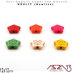 12x12 mm - Gülen Yüz İfadeli Yıldız - Düz Yüzey - Hovlit (Howlite) Boncuk / 3 Adet
