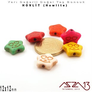 12x12 mm - Gülen Yüz İfadeli Yıldız - Düz Yüzey - Hovlit (Howlite) Boncuk / 3 Adet