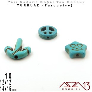 14x16 mm Gemi Çıpası, 10 mm Özgürlük İşareti, 12x12 mm Gülen Yüz İfadeli Yıldız - Düz Yüzey - Turkuaz (Turquoise) Boncuk / 3  Adet