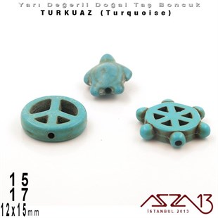 12x15 mm Kaplumbağa, 15 mm Özgürlük İşareti, 17 mm Gemi Dümeni - Düz Yüzey - Turkuaz (Turquoise) Boncuk / 3  Adet