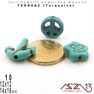 14x16 mm Gemi Çıpası, 10 mm Özgürlük İşareti, 12x12 mm Gülen Yüz İfadeli Yıldız - Düz Yüzey - Turkuaz (Turquoise) Boncuk / 3  Adet