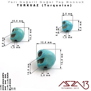 6x8 mm, 8x10 mm, 10x12 mm - Kurukafa - Düz Yüzey - Turkuaz (Turquoise) Boncuk / 6x8 mm 3 Adet,  8x10mm 2 Adet, 10x12 mm 1 Adet