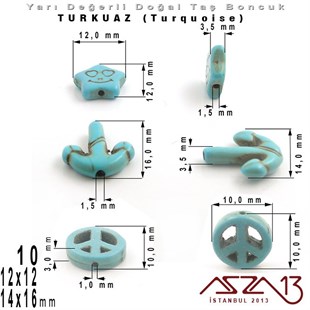 14x16 mm Gemi Çıpası, 10 mm Özgürlük İşareti, 12x12 mm Gülen Yüz İfadeli Yıldız - Düz Yüzey - Turkuaz (Turquoise) Boncuk / 3  Adet