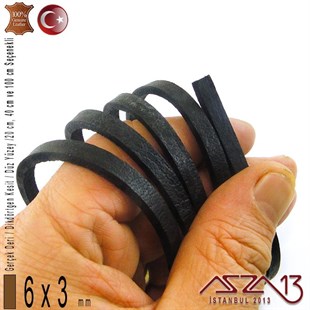 Gerçek Deri - 6x3 mm - Siyah - Düz Yüzey - Dikdörtgen Kesit Kordon / 20 cm - 40 cm - 100 cm