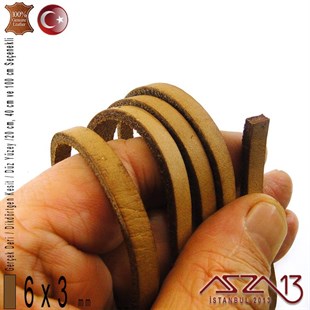 Gerçek Deri - 6x3 mm - Koyu Tan - Düz Yüzey - Dikdörtgen Kesit Kordon / 20 cm - 40 cm - 100 cm