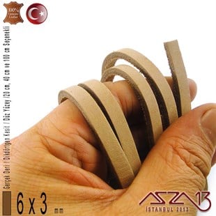 Gerçek Deri - 6x3 mm - Açık Tan - Düz Yüzey - Dikdörtgen Kesit Kordon / 20 cm - 40 cm - 100 cm