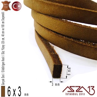 Gerçek Deri - 6x3 mm - Koyu Tan - Düz Yüzey - Dikdörtgen Kesit Kordon / 20 cm - 40 cm - 100 cm