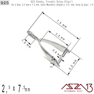 925 Ayar - 2,5 mm x 7,5 mm Ebatlarında - Tırnaklı Kolye Klipsi / 2 Adet