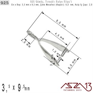 925 Ayar - 3,5 mm x 9,5 mm Ebatlarında - Tırnaklı Kolye Klipsi / 2 Adet