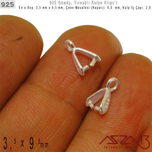 925 Ayar - 3,5 mm x 9,5 mm Ebatlarında - Tırnaklı Kolye Klipsi / 2 Adet