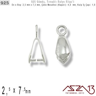 925 Ayar - 2,5 mm x 7,5 mm Ebatlarında - Tırnaklı Kolye Klipsi / 2 Adet