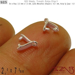 925 Ayar - 2,5 mm x 7,5 mm Ebatlarında - Tırnaklı Kolye Klipsi / 2 Adet