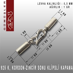 925 K Gümüş 30x3,5/2,5 mm Klipsli Kapsül Kapama / Paket İçeriği 1 Adet