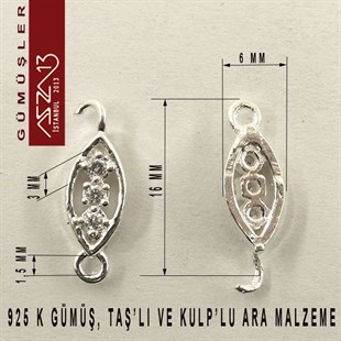 925 K Gümüş 16x6x/3 mm Çift Kulplu Ara Malzeme / Paket İçeriği 3 Adet