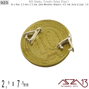925 Ayar - 2,5 mm x 7,5 mm Ebatlarında - Tırnaklı Kolye Klipsi / 2 Adet