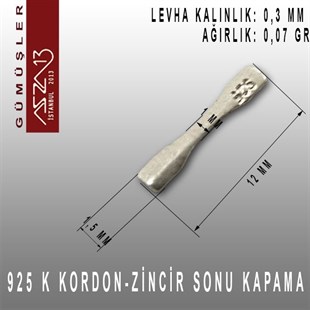 925 K Gümüş 12mm Zincir-Kordon Sonu / Paket İçeriği 10 Adet