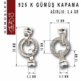 925 K Gümüş 30x15x6,5/5,5 mm Zirkon Taşlı Klipsli Kapsül Kapama / Paket İçeriği 1 Adet