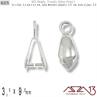 925 Ayar - 3,5 mm x 9,5 mm Ebatlarında - Tırnaklı Kolye Klipsi / 2 Adet
