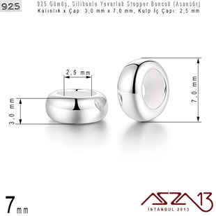 925 K Gümüş 7x3x/2,5 mm Silikonlu Donut Stopper / Paket İçeriği 2 Adet