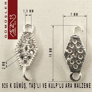 925 K Gümüş 16x7x/2 mm Çift Kulplu Ara Malzeme / Paket İçeriği 3 Adet