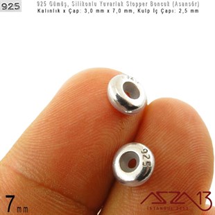 925 K Gümüş 7x3x/2,5 mm Silikonlu Donut Stopper / Paket İçeriği 2 Adet
