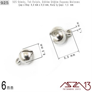 925 Ayar - 6,0 mm Çapında Yuvarlak - Döküm Düğüm Kapama / 2 Adet
