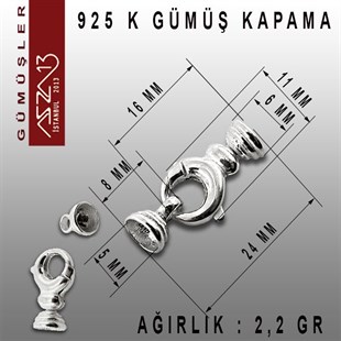 925 K Gümüş 24x6/5 mm Klipsli Kapsül Kapama / Paket İçeriği 1 Adet
