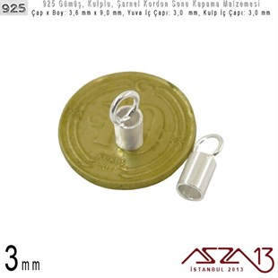 925 Ayar - 3,0 mm Yuva Çaplı Silindirik - Şarnel Kordon Sonu Kapama / 2 Adet