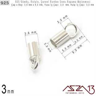 925 Ayar - 3,0 mm Yuva Çaplı Silindirik - Şarnel Kordon Sonu Kapama / 2 Adet