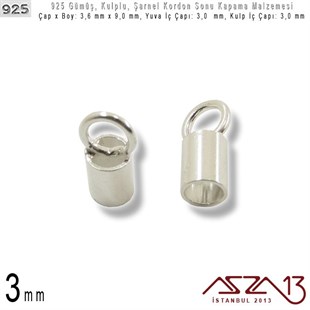 925 Ayar - 3,0 mm Yuva Çaplı Silindirik - Şarnel Kordon Sonu Kapama / 2 Adet