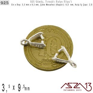 925 Ayar - 3,5 mm x 9,5 mm Ebatlarında - Tırnaklı Kolye Klipsi / 2 Adet