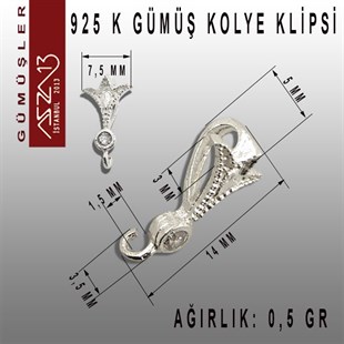 925 K Gümüş, 14x7,5 mm Zirkon Taşlı Kolye Klipsi / Paket İçeriği 4 Adet