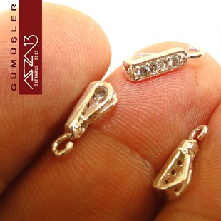 925 K Gümüş, 12x4,5 mm Zirkon Taşlı Kolye Klipsi / Paket İçeriği 5 Adet