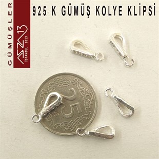 925 K Gümüş, 12x4,5 mm Zirkon Taşlı Kolye Klipsi / Paket İçeriği 5 Adet