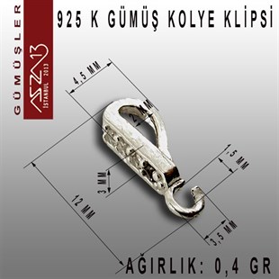 925 K Gümüş, 12x4,5 mm Zirkon Taşlı Kolye Klipsi / Paket İçeriği 5 Adet