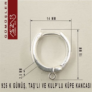 925 K Gümüş, 18x14 mm Zirkon Taşlı Halka Küpe Kancası / Paket İçeriği 1 Çift
