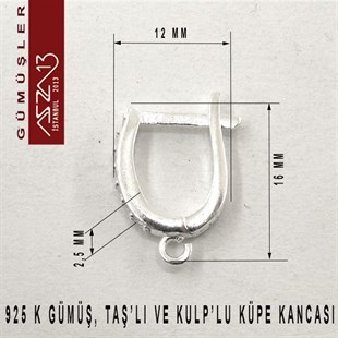 925 K Gümüş, 16x12 mm Zirkon Taşlı Halka Küpe Kancası / Paket İçeriği 1 Çift