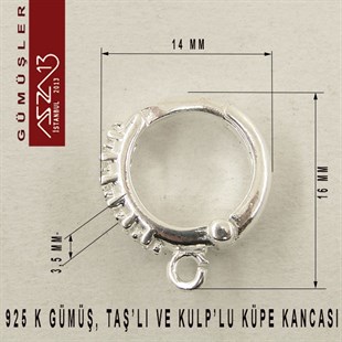 925 K Gümüş, 16x14 mm Zirkon Taşlı Halka Küpe Kancası / Paket İçeriği 1 Çift