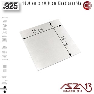 925 Ayar - 0,4 mm (400 Mikron) Kalınlıkta Gümüş Plaka - 10,0 cm / 10,0 cm Ebatlarında