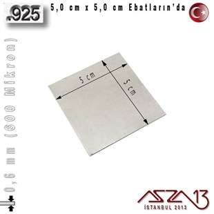 925 Ayar - 0,6 mm (600 Mikron) Kalınlıkta Gümüş Plaka - 5,0 cm / 5,0 cm Ebatlarında