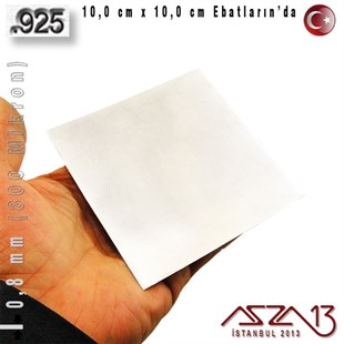 925 Ayar - 0,8 mm (800 Mikron) Kalınlıkta Gümüş Plaka - 10,0 cm / 10,0 cm Ebatlarında