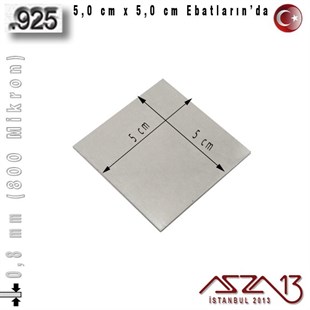 925 Ayar - 0,8 mm (800 Mikron) Kalınlıkta Gümüş Plaka - 5,0 cm / 5,0 cm Ebatlarında