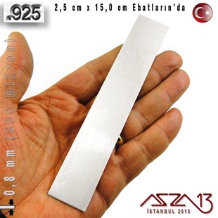 925 Ayar - 0,8 mm (800 Mikron) Kalınlıkta Gümüş Plaka - 2,5 cm / 15,0 cm Ebatlarında