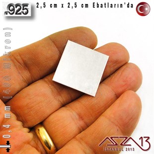 925 Ayar - 0,4 mm (400 Mikron) Kalınlıkta Gümüş Plaka - 2,5 cm / 2,5 cm Ebatlarında