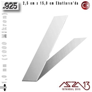925 Ayar - 1,0 mm (1000 Mikron) Kalınlıkta Gümüş Plaka - 2,5 cm / 15,0 cm Ebatlarında