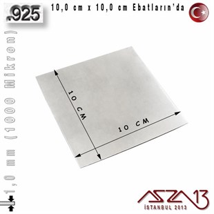 925 Ayar - 1,0 mm (1000 Mikron) Kalınlıkta Gümüş Plaka - 10,0 cm / 10,0 cm Ebatlarında